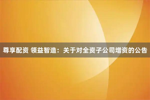 尊享配资 领益智造：关于对全资子公司增资的公告